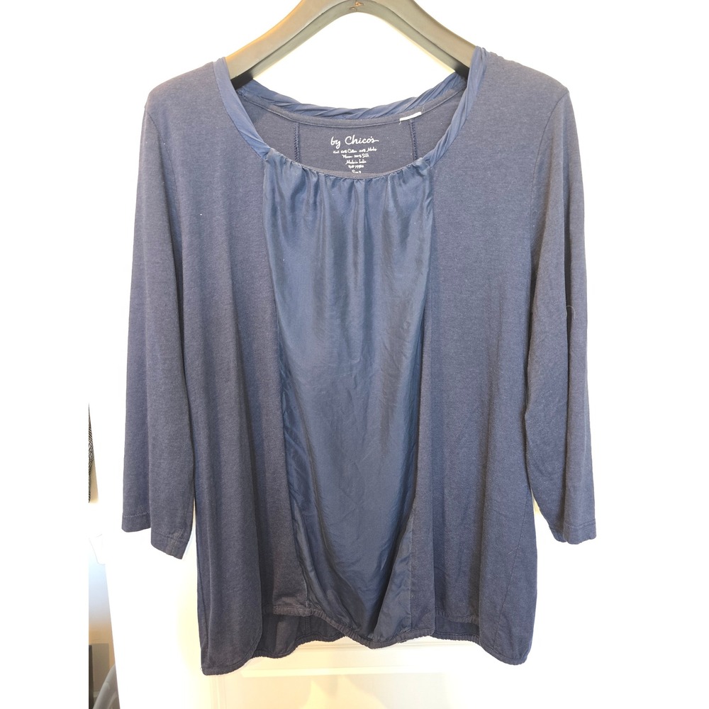 Chicos Navy Blue Silk Trim Mixed Media‎ Top 3/4 Sleeve Knit Blouse Size 3 XL